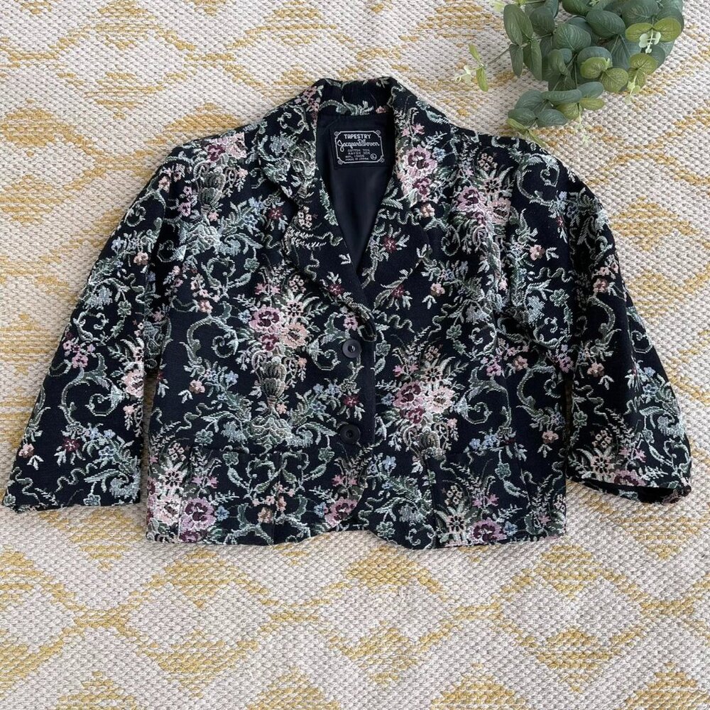 Vintage Jacquard Woven Floral Crop Coat Boho Cottagecore Wrist Length Large